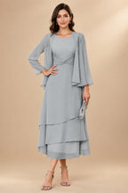 A-Line/Princess Pleated Two-Piece Tea-Length Mother of the Bride Dresses with Cascading Ruffles (SHI22500054)