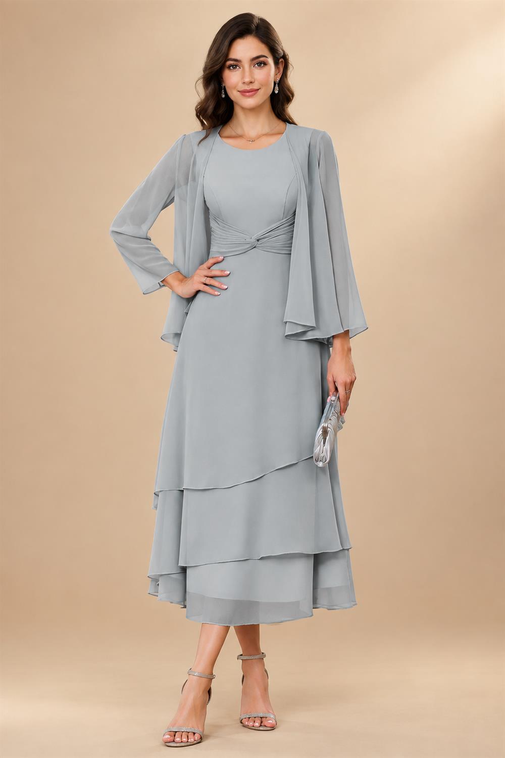 A-Line/Princess Pleated Two-Piece Tea-Length Mother of the Bride Dresses with Cascading Ruffles (SHI22500054)