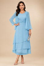 A-Line/Princess Pleated Two-Piece Tea-Length Mother of the Bride Dresses with Cascading Ruffles (SHI22500054)