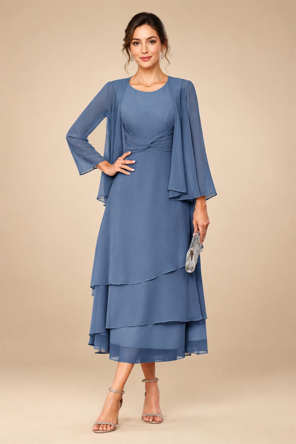A-Line/Princess Pleated Two-Piece Tea-Length Mother of the Bride Dresses with Cascading Ruffles (SHI22500054)