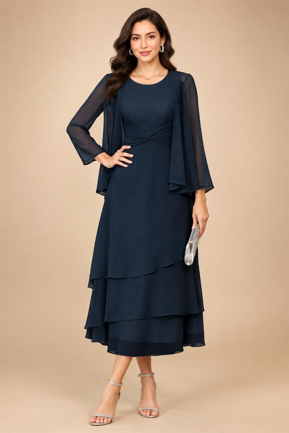 A-Line/Princess Pleated Two-Piece Tea-Length Mother of the Bride Dresses with Cascading Ruffles (SHI22500054)