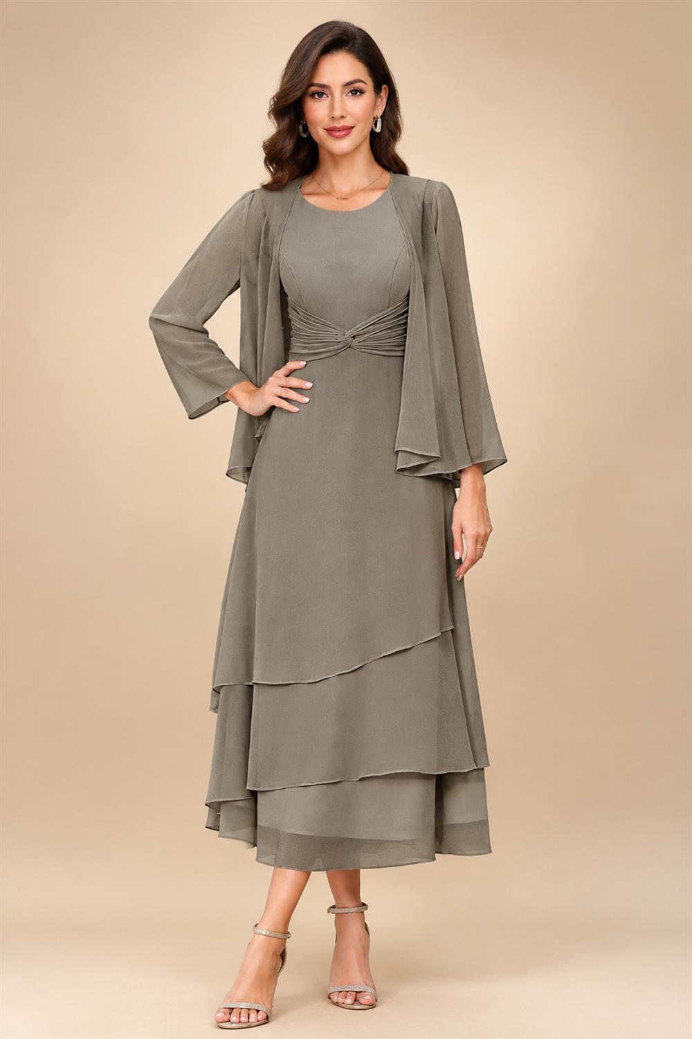 A-Line/Princess Pleated Two-Piece Tea-Length Mother of the Bride Dresses with Cascading Ruffles (SHI22500054)