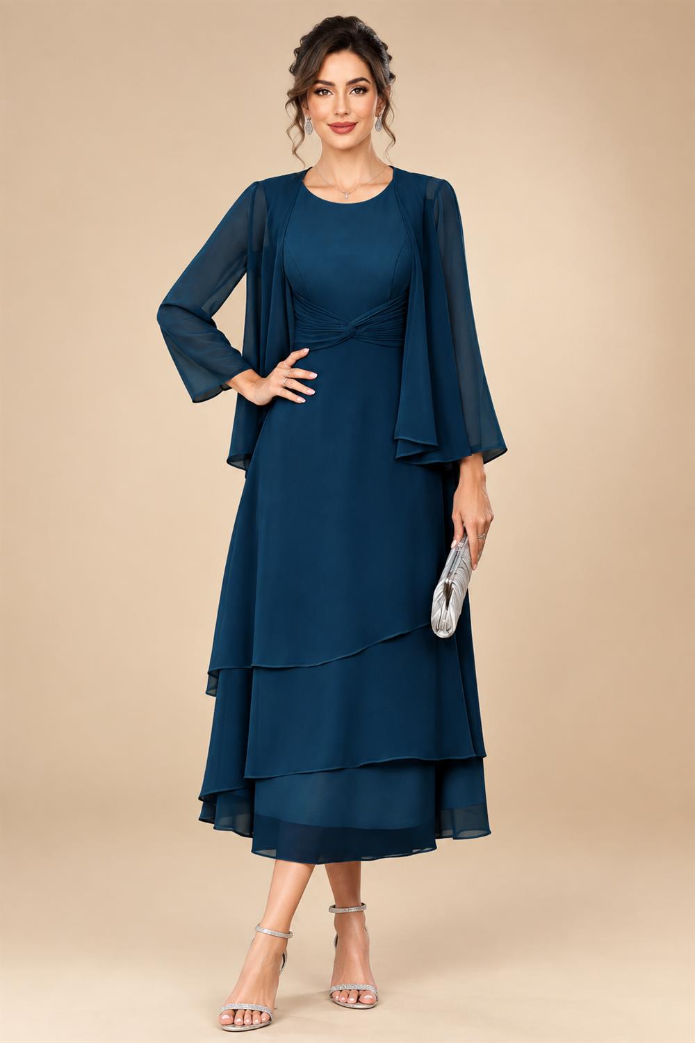 A-Line/Princess Pleated Two-Piece Tea-Length Mother of the Bride Dresses with Cascading Ruffles (SHI22500054)
