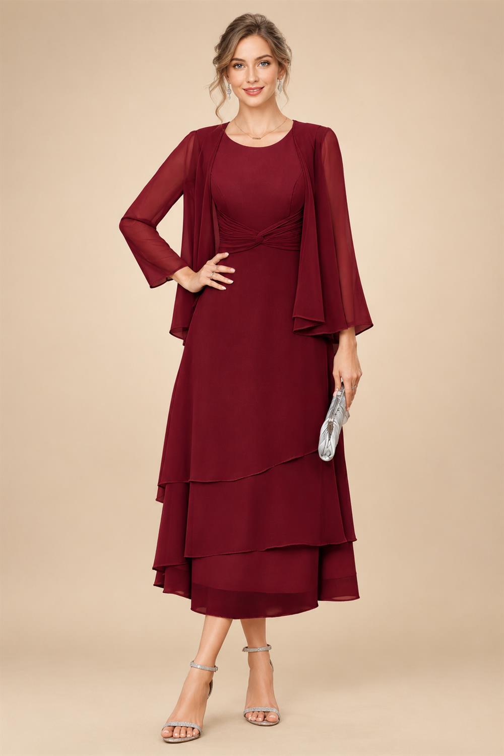 A-Line/Princess Pleated Two-Piece Tea-Length Mother of the Bride Dresses with Cascading Ruffles (SHI22500054)