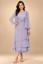 A-Line/Princess Pleated Two-Piece Tea-Length Mother of the Bride Dresses with Cascading Ruffles (SHI22500054)