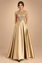 A-Line/Princess Scoop Neck Pleated Satin Evening Dresses with Sequins (SHI22500066)