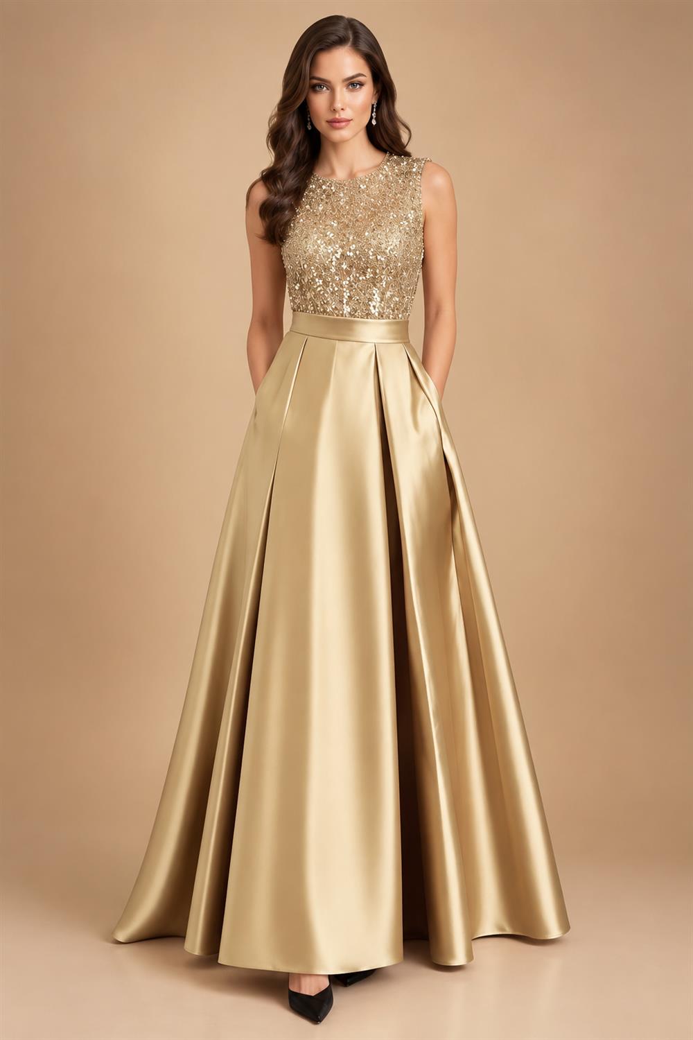 A-Line/Princess Scoop Neck Pleated Satin Evening Dresses with Sequins (SHI22500066)