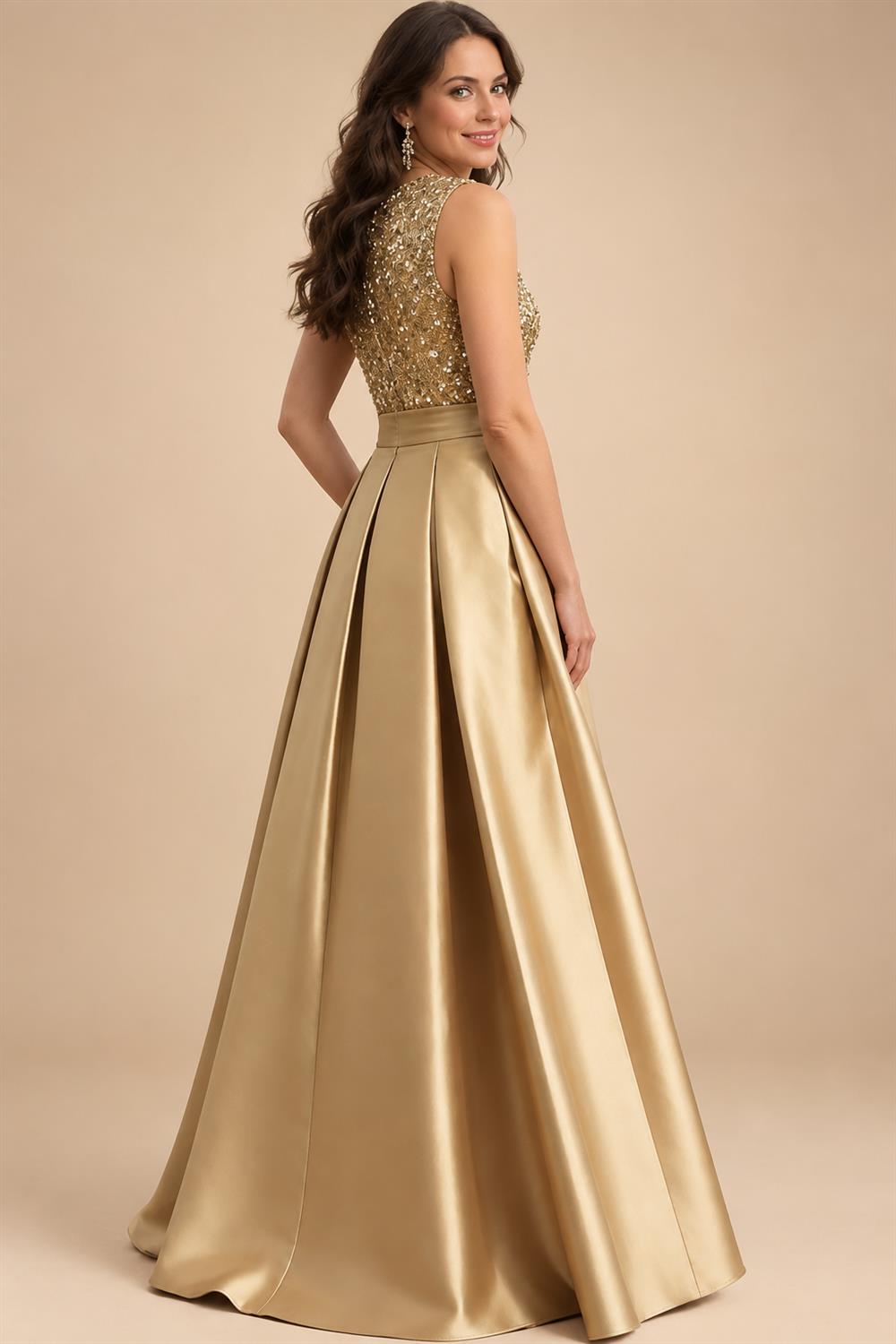 A-Line/Princess Scoop Neck Pleated Satin Evening Dresses with Sequins (SHI22500066)