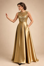 A-Line/Princess Scoop Neck Pleated Satin Evening Dresses with Sequins (SHI22500066)