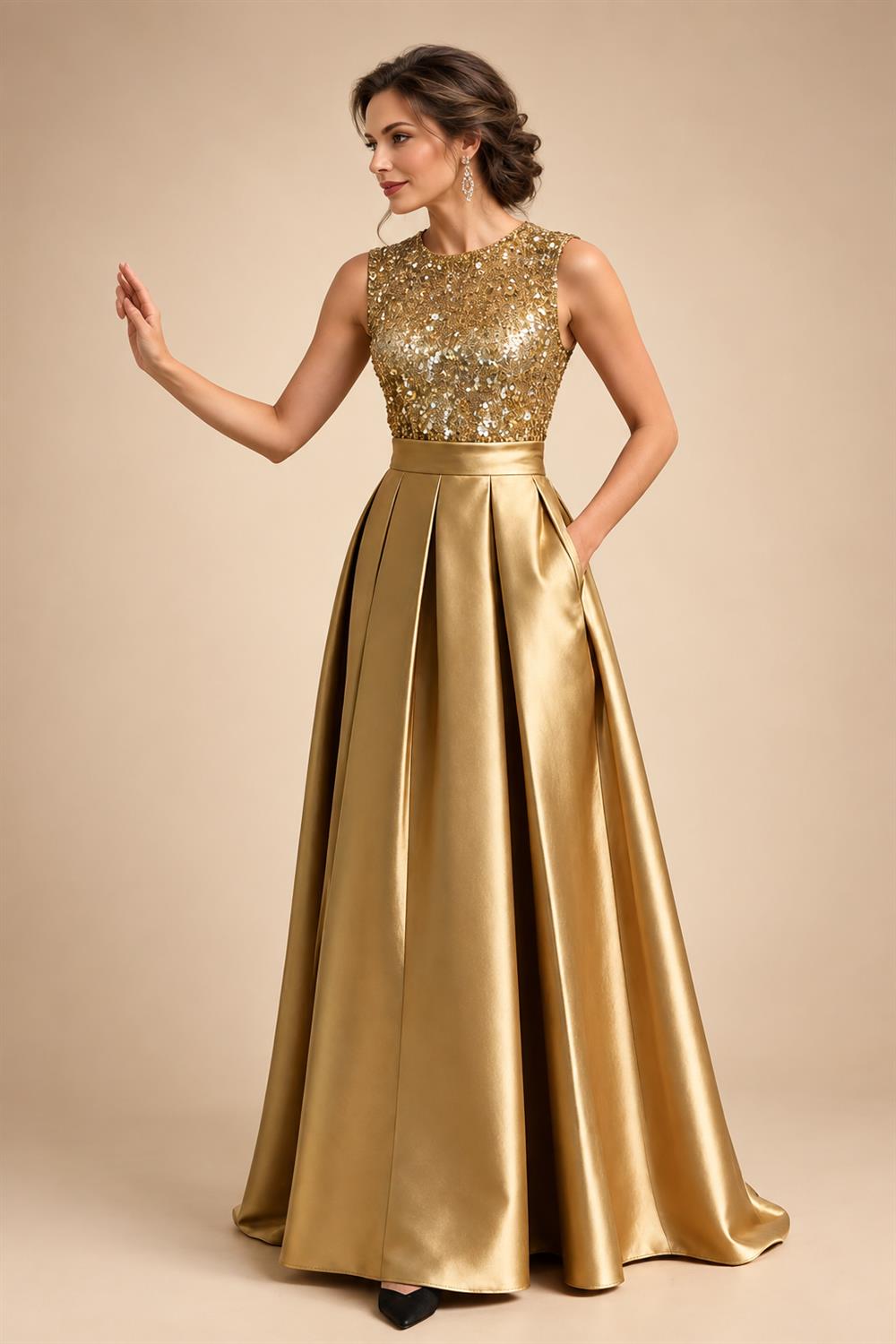 A-Line/Princess Scoop Neck Pleated Satin Evening Dresses with Sequins (SHI22500066)