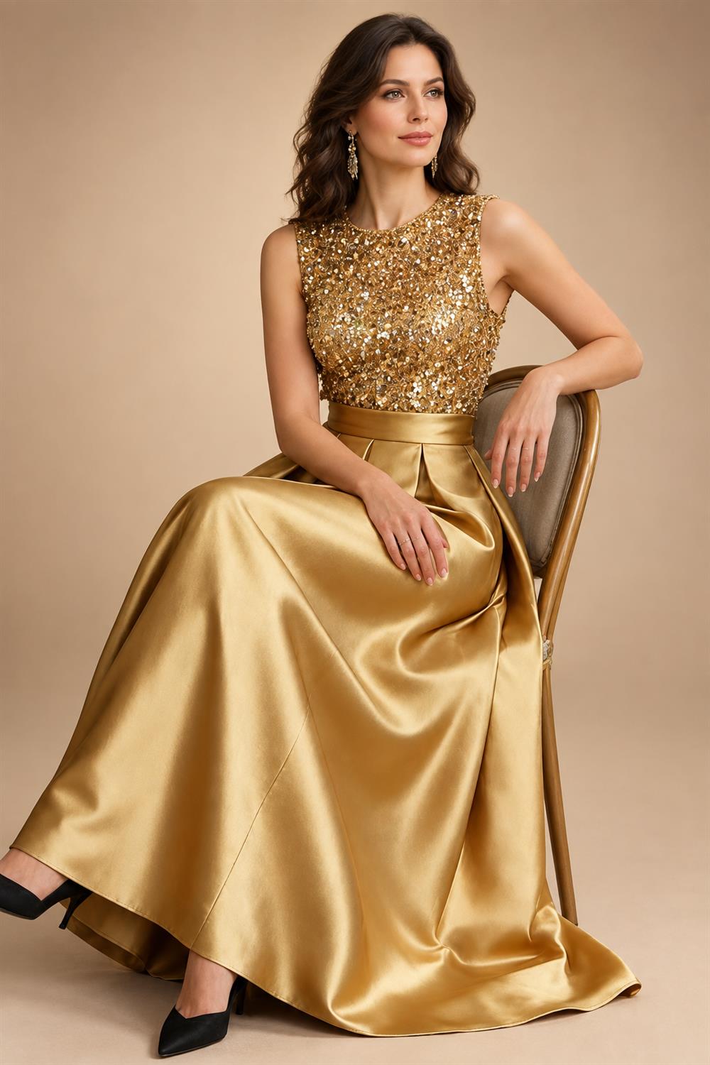 A-Line/Princess Scoop Neck Pleated Satin Evening Dresses with Sequins (SHI22500066)