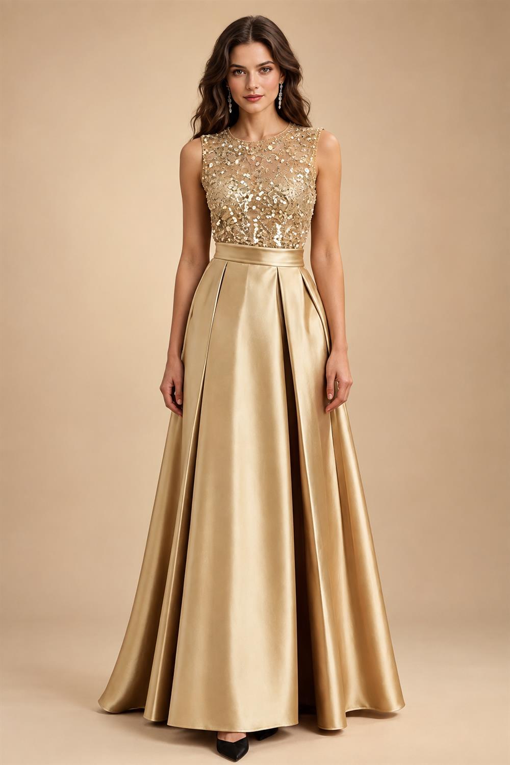 A-Line/Princess Scoop Neck Pleated Satin Evening Dresses with Sequins (SHI22500066)
