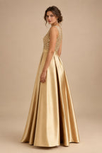 A-Line/Princess Scoop Neck Pleated Satin Evening Dresses with Sequins (SHI22500066)