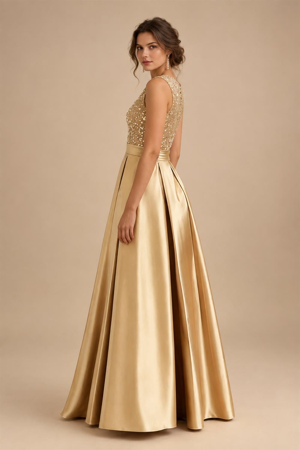 A-Line/Princess Scoop Neck Pleated Satin Evening Dresses with Sequins (SHI22500066)