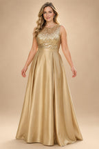 A-Line/Princess Scoop Neck Pleated Satin Evening Dresses with Sequins (SHI22500066)