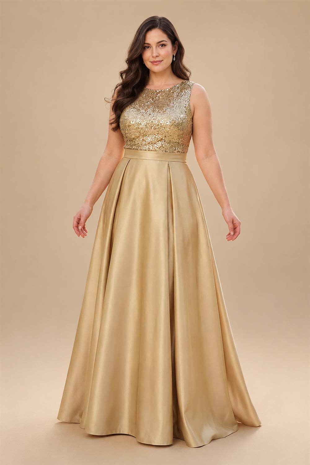 A-Line/Princess Scoop Neck Pleated Satin Evening Dresses with Sequins (SHI22500066)
