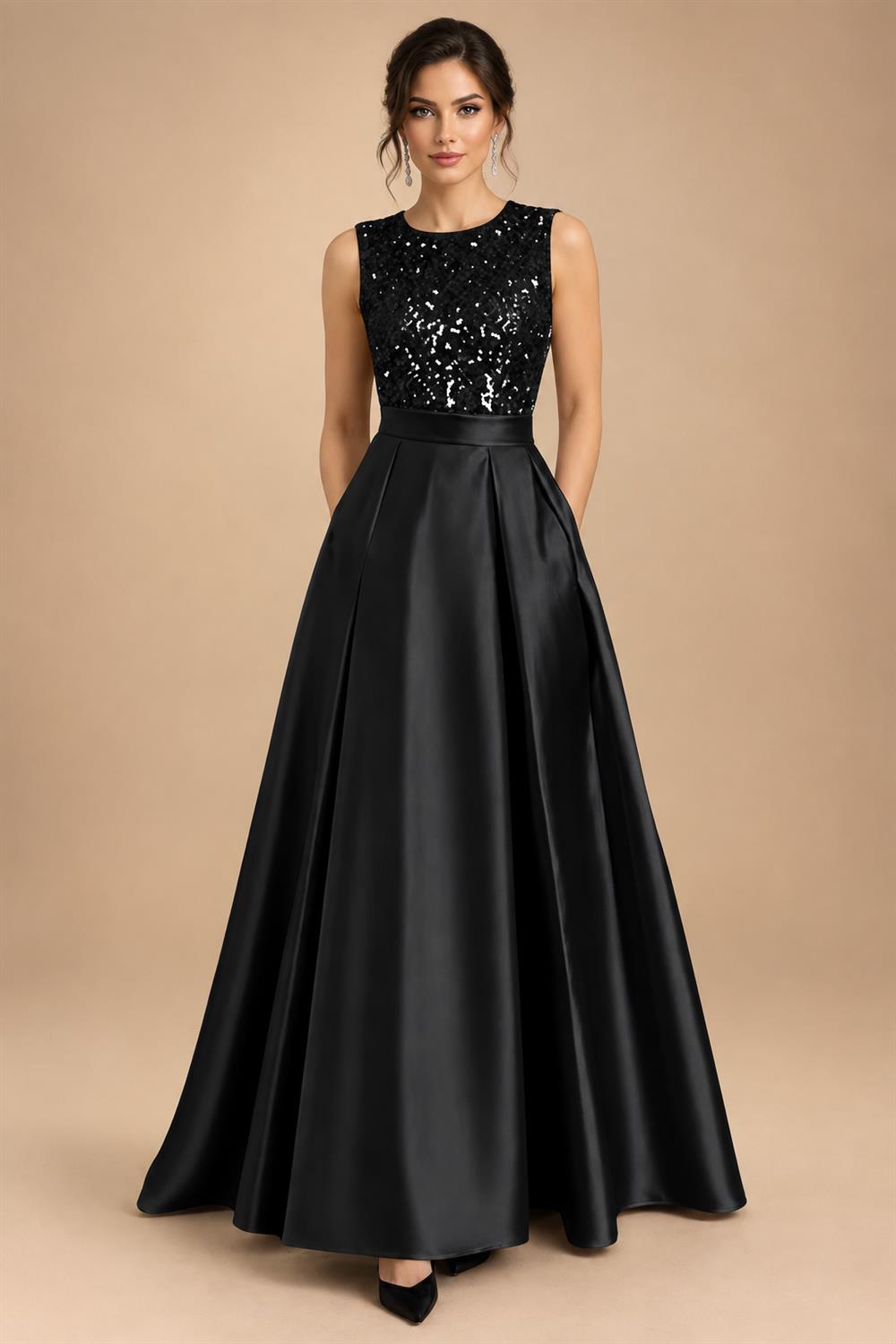 A-Line/Princess Scoop Neck Pleated Satin Evening Dresses with Sequins (SHI22500066)