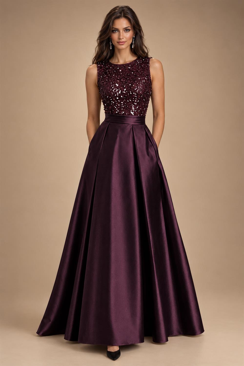 A-Line/Princess Scoop Neck Pleated Satin Evening Dresses with Sequins (SHI22500066)