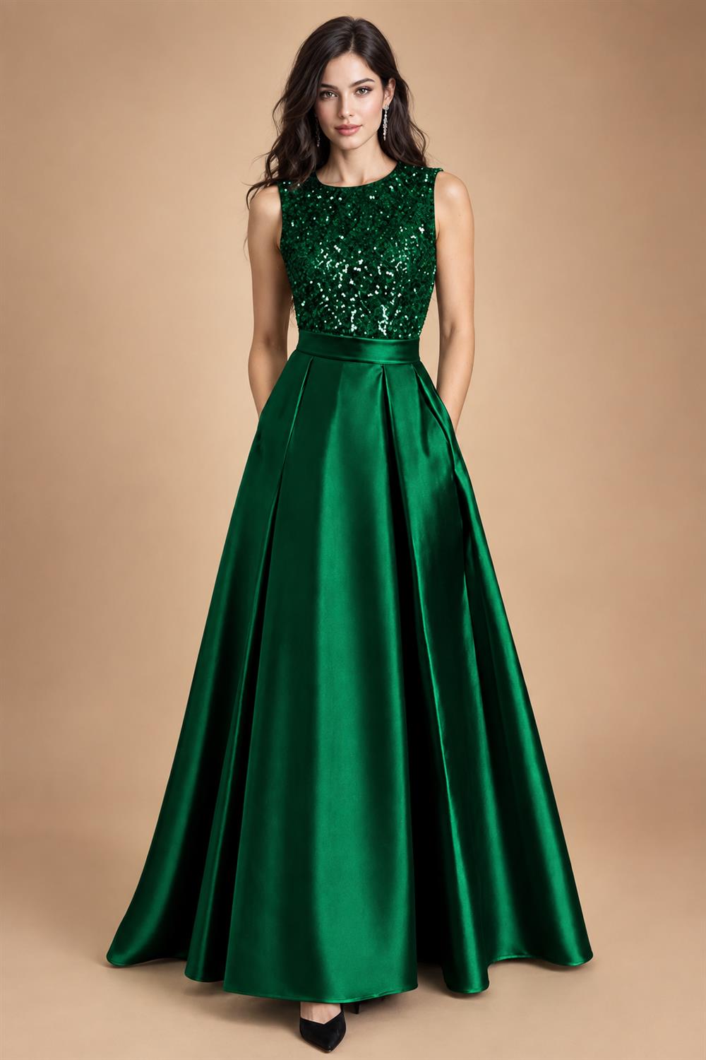 A-Line/Princess Scoop Neck Pleated Satin Evening Dresses with Sequins (SHI22500066)