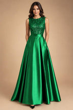 A-Line/Princess Scoop Neck Pleated Satin Evening Dresses with Sequins (SHI22500066)