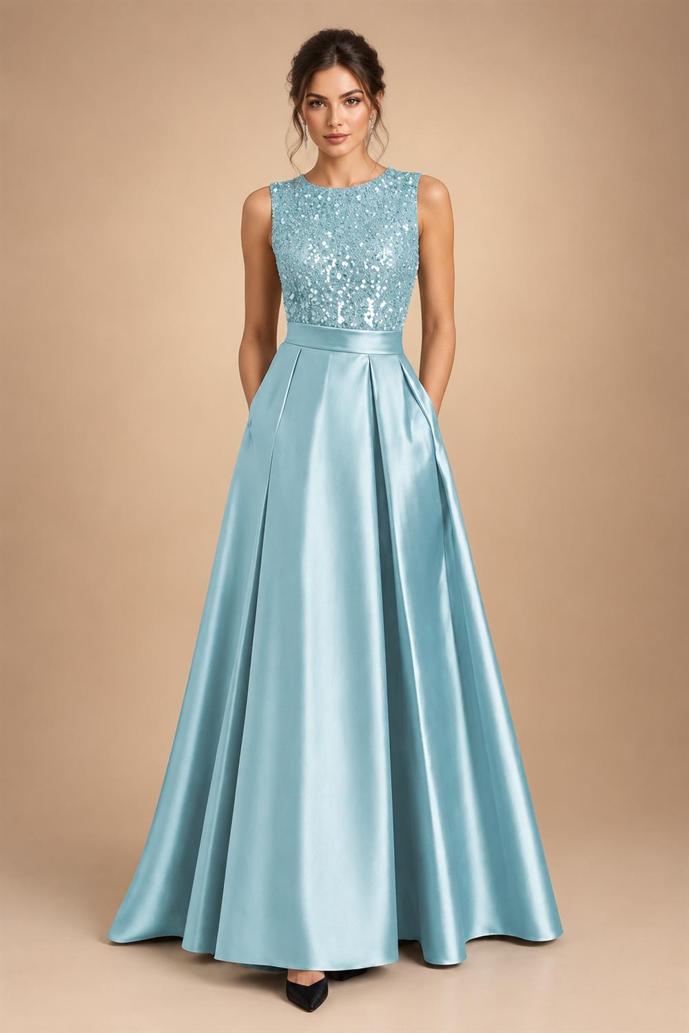 A-Line/Princess Scoop Neck Pleated Satin Evening Dresses with Sequins (SHI22500066)