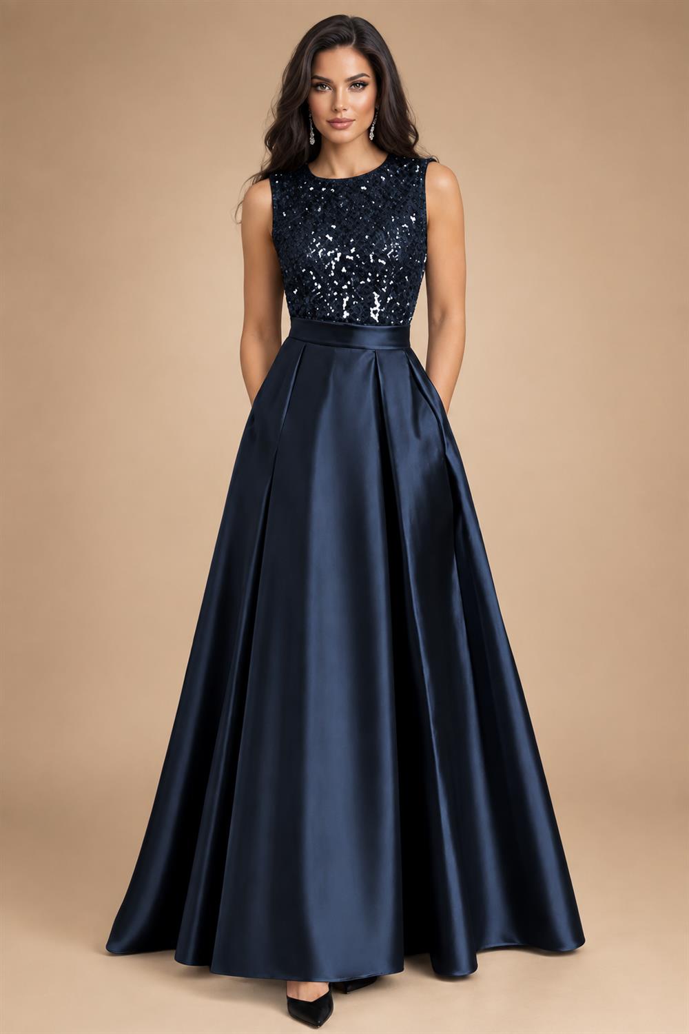 A-Line/Princess Scoop Neck Pleated Satin Evening Dresses with Sequins (SHI22500066)