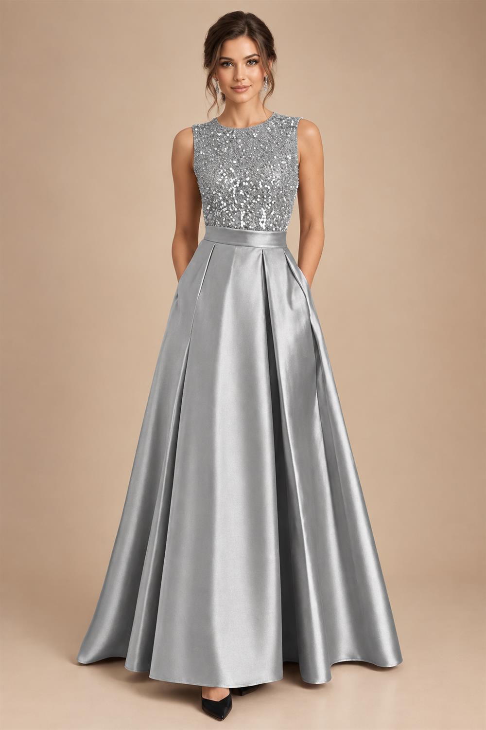 A-Line/Princess Scoop Neck Pleated Satin Evening Dresses with Sequins (SHI22500066)