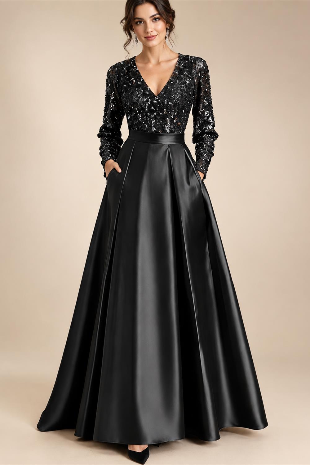 A-Line Chiffon V-Neck Short Sleeve Mother of the Bride Dresses Floor-Length with Sequin Appliques (SHI22500297)