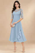A-Line/Princess Scoop Illusion Lace Appliques Tea-Length Mother of the Bride Dresses with Pleated Ruffle (SHI22500105)