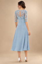 A-Line/Princess Scoop Illusion Lace Appliques Tea-Length Mother of the Bride Dresses with Pleated Ruffle (SHI22500105)