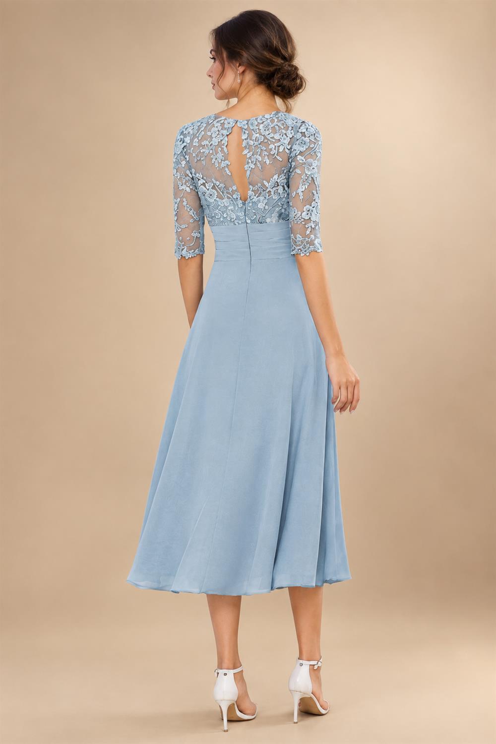A-Line/Princess Scoop Illusion Lace Appliques Tea-Length Mother of the Bride Dresses with Pleated Ruffle (SHI22500105)