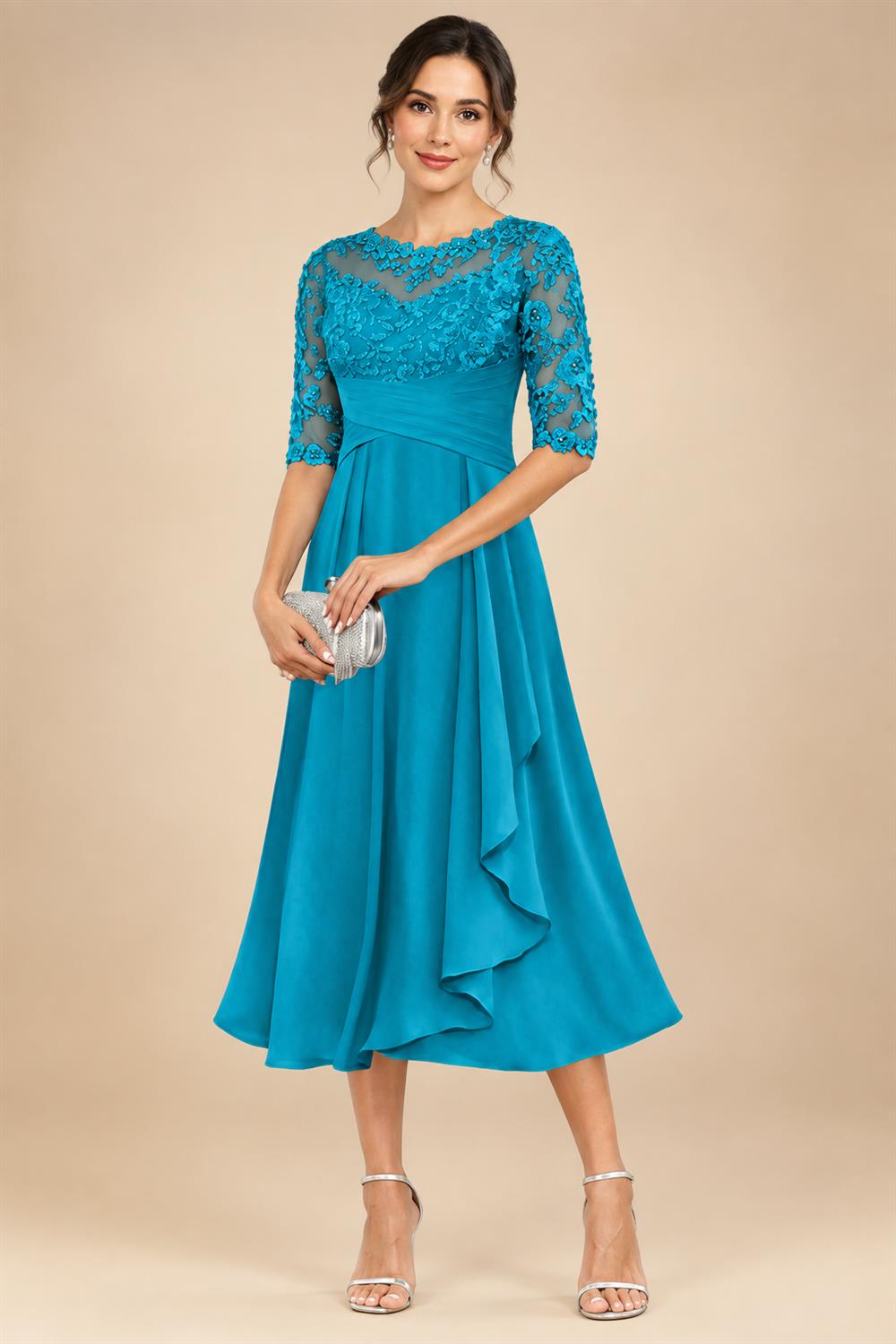 A-Line/Princess Scoop Illusion Lace Appliques Tea-Length Mother of the Bride Dresses with Pleated Ruffle (SHI22500105)
