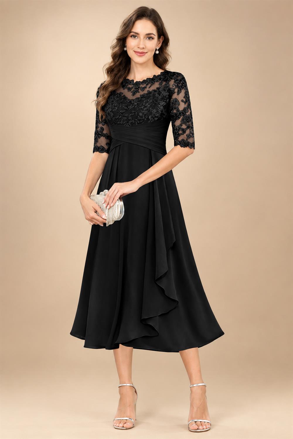 A-Line/Princess Scoop Illusion Lace Appliques Tea-Length Mother of the Bride Dresses with Pleated Ruffle (SHI22500105)