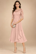 A-Line/Princess Scoop Illusion Lace Appliques Tea-Length Mother of the Bride Dresses with Pleated Ruffle (SHI22500105)
