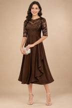 A-Line/Princess Scoop Illusion Lace Appliques Tea-Length Mother of the Bride Dresses with Pleated Ruffle (SHI22500105)