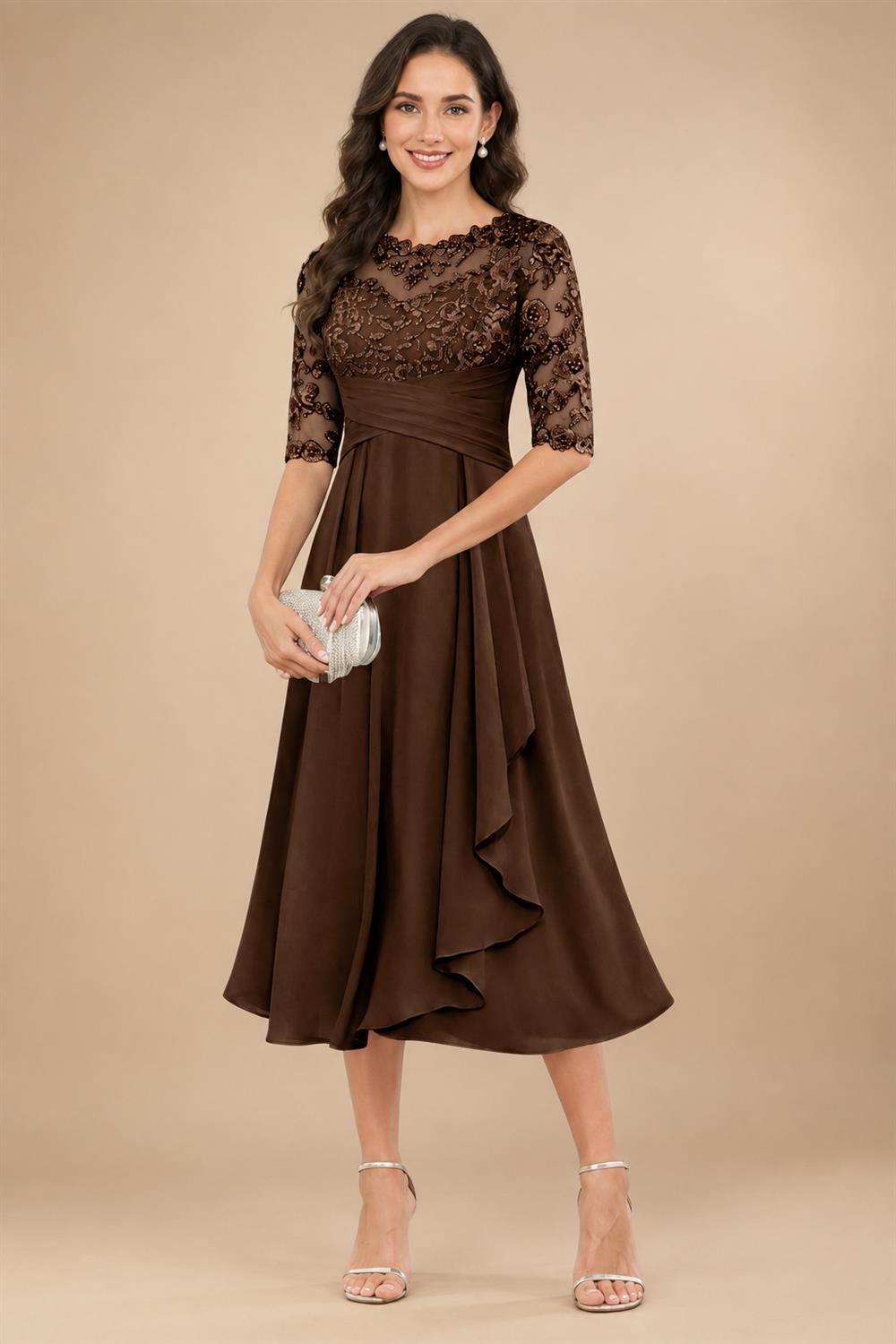 A-Line/Princess Scoop Illusion Lace Appliques Tea-Length Mother of the Bride Dresses with Pleated Ruffle (SHI22500105)