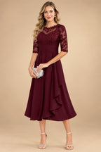 A-Line/Princess Scoop Illusion Lace Appliques Tea-Length Mother of the Bride Dresses with Pleated Ruffle (SHI22500105)