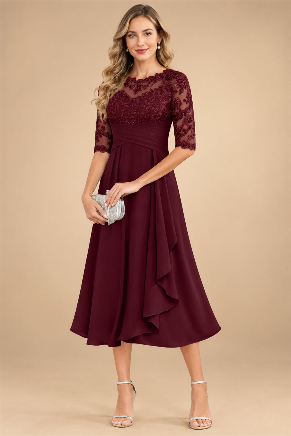 A-Line/Princess Scoop Illusion Lace Appliques Tea-Length Mother of the Bride Dresses with Pleated Ruffle (SHI22500105)
