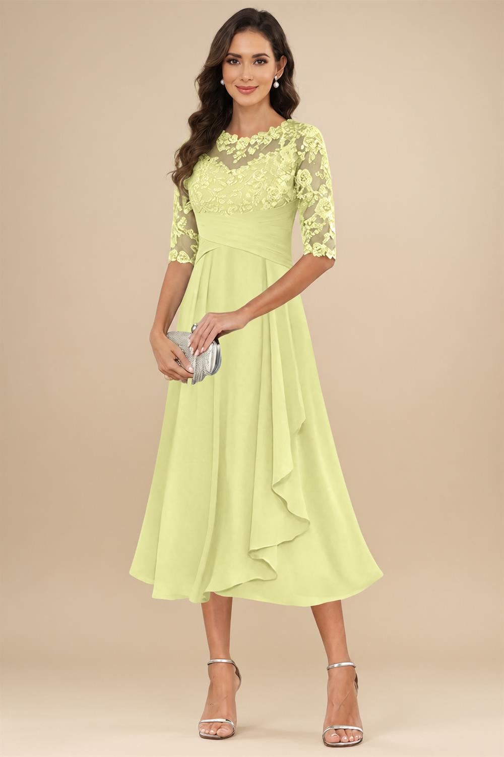A-Line/Princess Scoop Illusion Lace Appliques Tea-Length Mother of the Bride Dresses with Pleated Ruffle (SHI22500105)