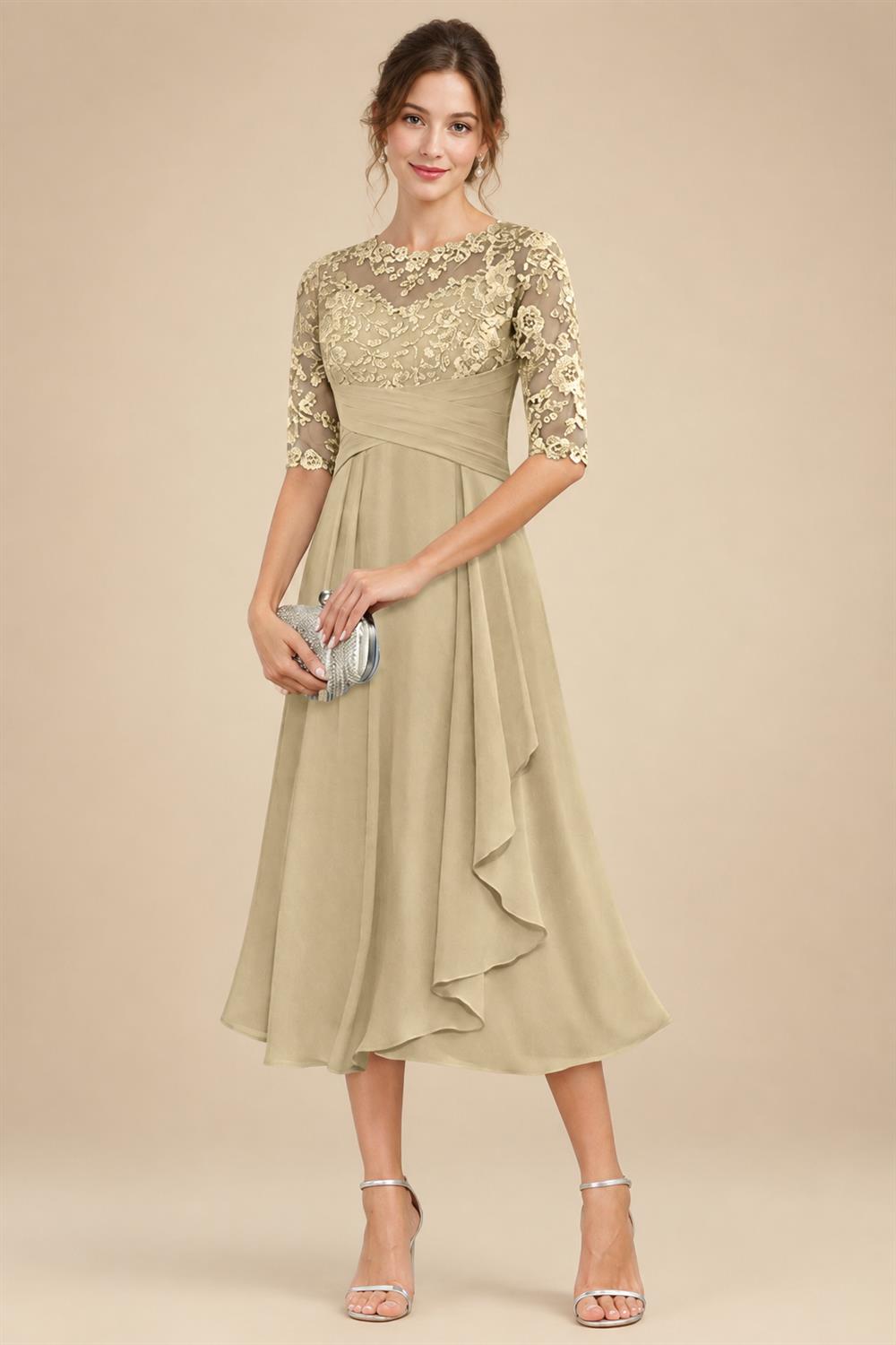 A-Line/Princess Scoop Illusion Lace Appliques Tea-Length Mother of the Bride Dresses with Pleated Ruffle (SHI22500105)