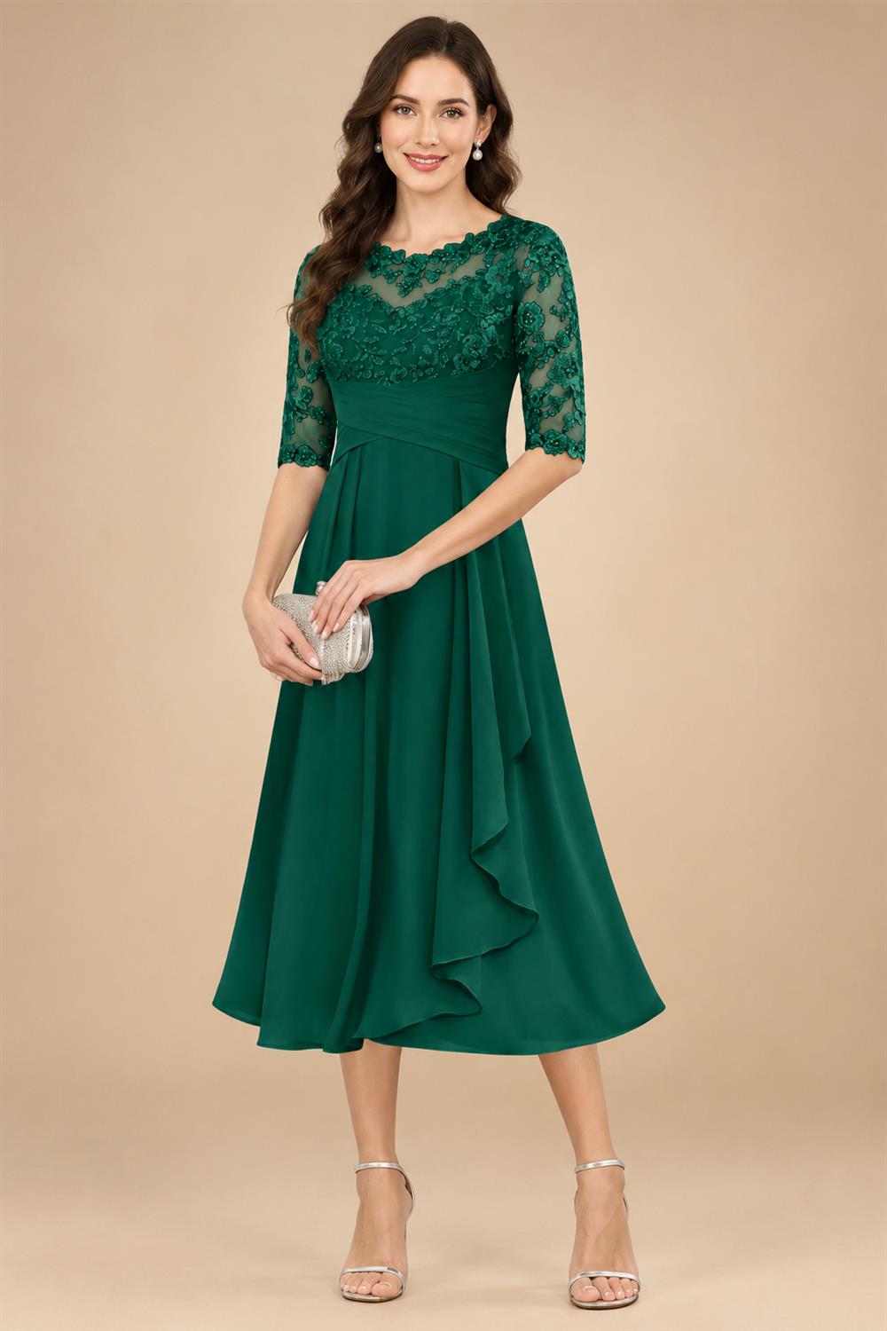 A-Line/Princess Scoop Illusion Lace Appliques Tea-Length Mother of the Bride Dresses with Pleated Ruffle (SHI22500105)