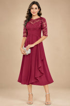 A-Line/Princess Scoop Illusion Lace Appliques Tea-Length Mother of the Bride Dresses with Pleated Ruffle (SHI22500105)