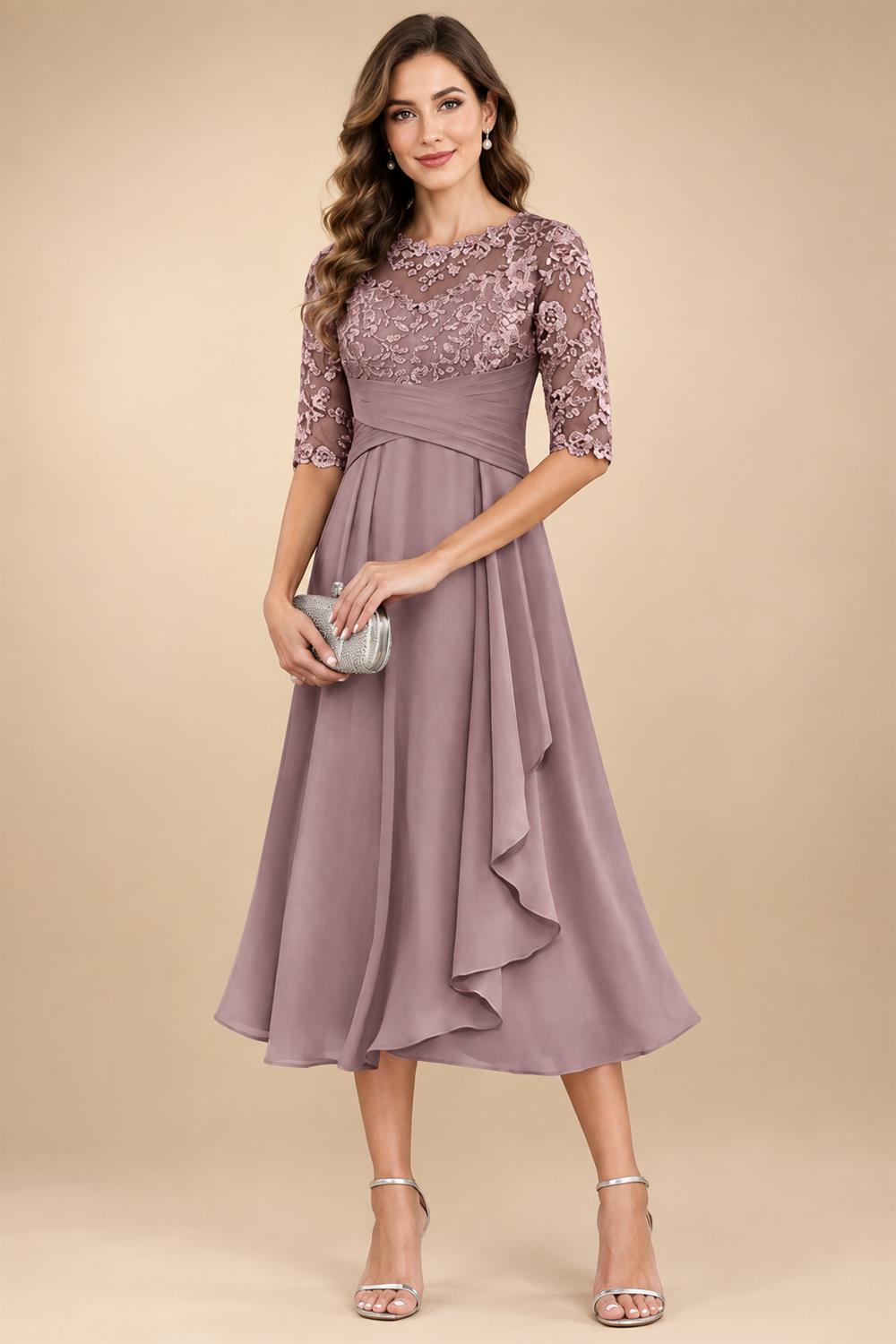 A-Line/Princess Scoop Illusion Lace Appliques Tea-Length Mother of the Bride Dresses with Pleated Ruffle (SHI22500105)