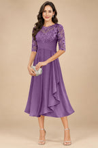 A-Line/Princess Scoop Illusion Lace Appliques Tea-Length Mother of the Bride Dresses with Pleated Ruffle (SHI22500105)