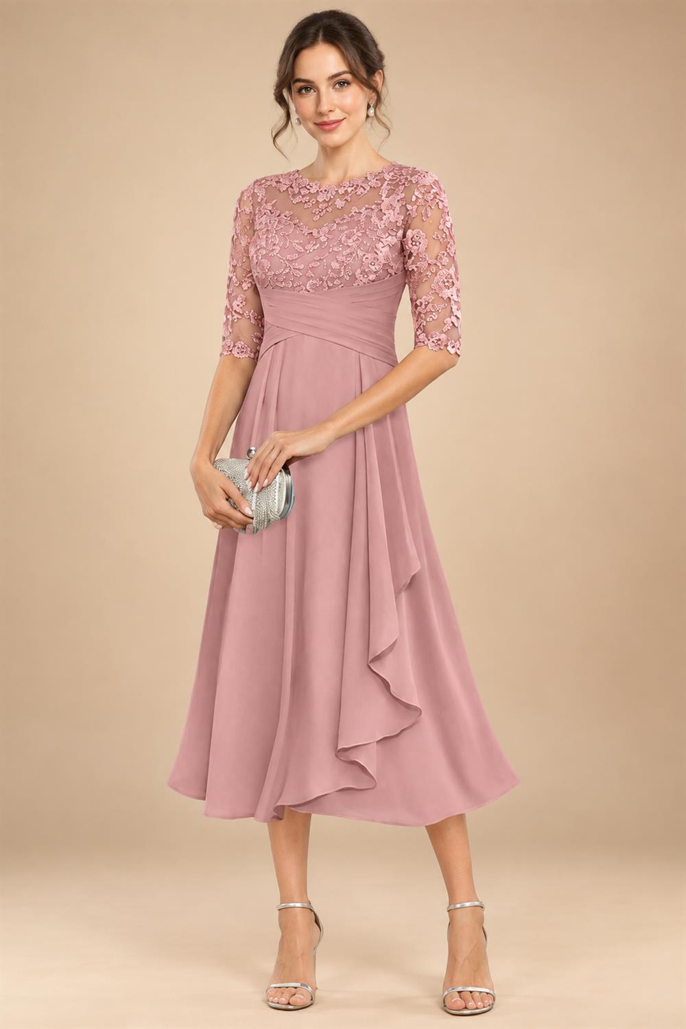 A-Line/Princess Scoop Illusion Lace Appliques Tea-Length Mother of the Bride Dresses with Pleated Ruffle (SHI22500105)