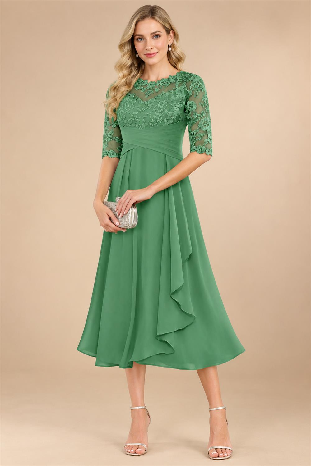 A-Line/Princess Scoop Illusion Lace Appliques Tea-Length Mother of the Bride Dresses with Pleated Ruffle (SHI22500105)