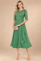 A-Line/Princess Scoop Illusion Lace Appliques Tea-Length Mother of the Bride Dresses with Pleated Ruffle (SHI22500105)