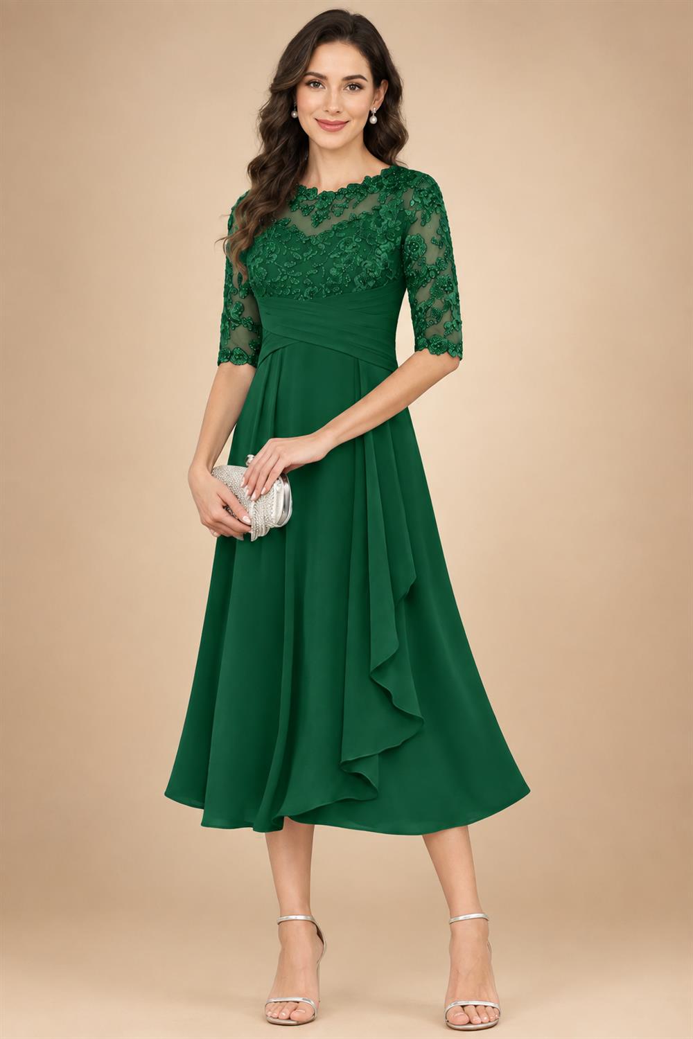 A-Line/Princess Scoop Illusion Lace Appliques Tea-Length Mother of the Bride Dresses with Pleated Ruffle (SHI22500105)