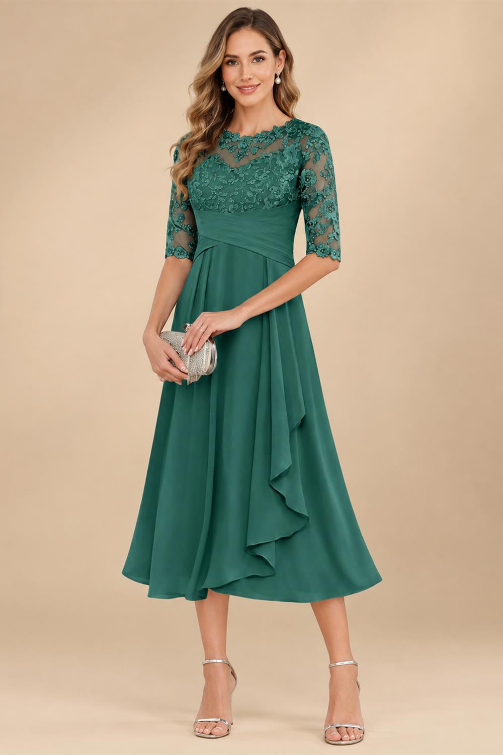 A-Line/Princess Scoop Illusion Lace Appliques Tea-Length Mother of the Bride Dresses with Pleated Ruffle (SHI22500105)