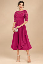 A-Line/Princess Scoop Illusion Lace Appliques Tea-Length Mother of the Bride Dresses with Pleated Ruffle (SHI22500105)